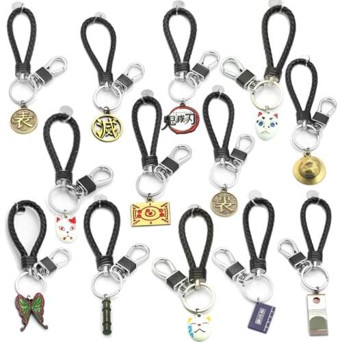 Demon Slayer Kimetsu no Yaiba Keychain Anime Kamado Tanjirou Metal Pendant Braided Leather Women Bag Car Key Holder Men Keyrings