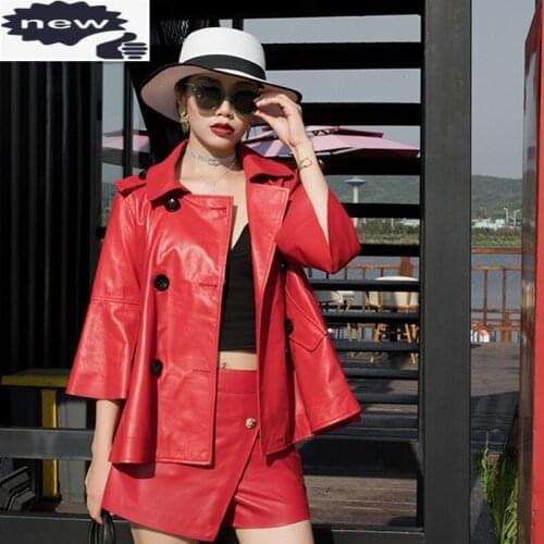 Korean Red Black Three Quarter Flare Sleeve Ladies Genuine Coat Slim Sheepskin Real Leather Jacket Manteau Mouton