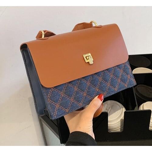 Contrast Color Leather Crossbody Bags For Women 2021 Lingge Denim Travel Handbag Fashion Canvas Shoulder Bag Retro Jeans Bag