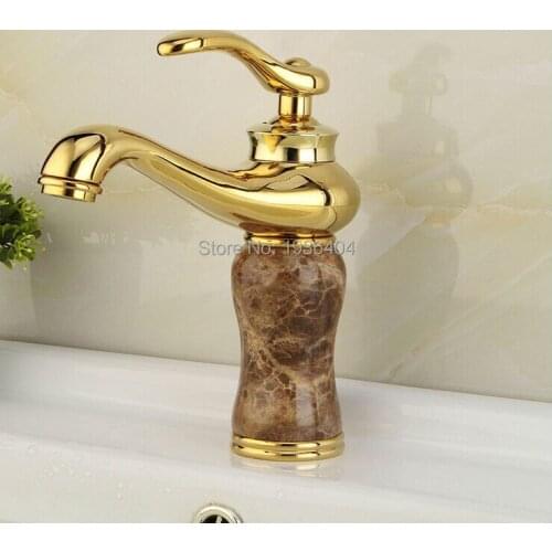 High Quality Golden Plated Bathroom Marble Stone Basin Taps Deck Mounted Hot and Cold Sink Faucet Crane M1006