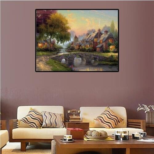 Beautiful Rural House Landscape Canvas Painting Wall Art Bridge River Scenery Picture Posters Print Living Room Corridor Decor