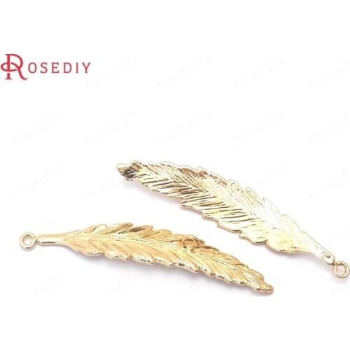 38913)6PCS 10x51MM 24K Champagne Gold Color Brass Feather Charms Pendants Jewelry Making Supplies Diy Findings Accessories