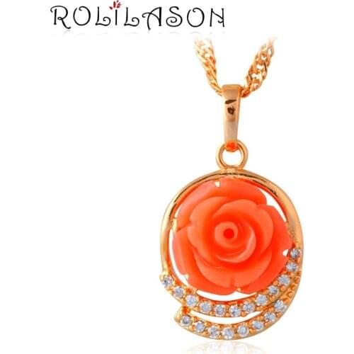 Rose language Pink flower for concern Love gold tone AAA Zirconia Crystal Fashion Jewelry Necklaces Pendants LN620