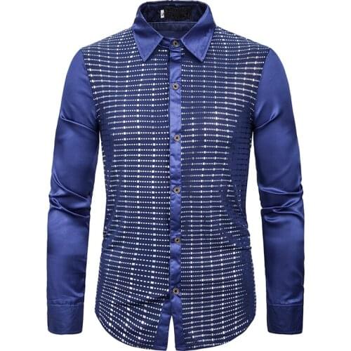 Men New blue red black Shiny Long sleeve Dress Shirt Man Hipster Night Club Stage Party wedding casual shirt Camisas Masculina