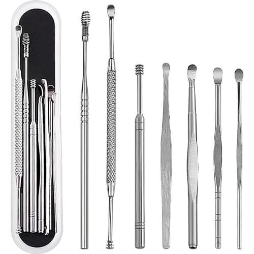 Portable 7pcs/set Ear Wax Pickers set Stainless Steel Earpick Wax Remover Curette Ear Pick Cleaner Spoon Care Ear Cleaning Tools