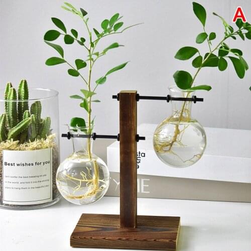 Table Desk Bulb Glass Hydroponic Vase Flower Plant Pot with Wooden Tray Office Decor SAL99