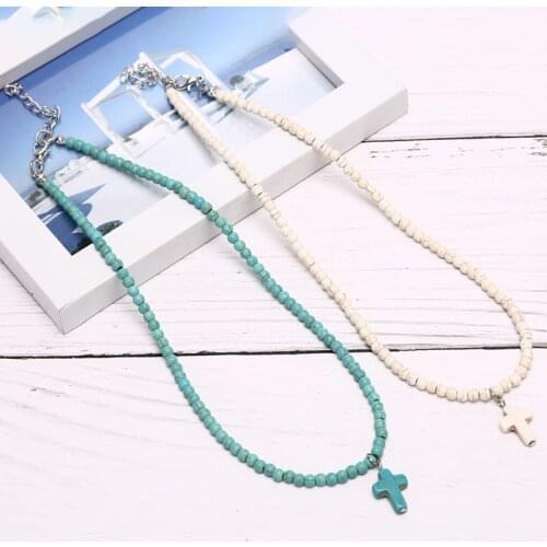 Natural Turquoises Stone Chokers Necklaces For Women Charm Prayer Cross Necklace Light Blue&White Pendant Necklace