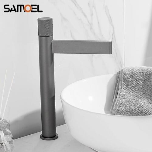 Minimalist Nordic Style Deep-space Gray Brass Bathroom Sink Faucet Deck-Mounted Waterfall Grey Basin Cold Hot Water Mixer Tap