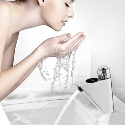 Tuqiu Hot Cold Basin Faucet Bathroom Vanity Digital Display Push-Button Style Sink Faucet Chrome Brass Hot and Cold