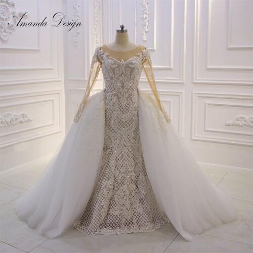 Amanda Design vestido de noiva 2019 Long Sleeve Mermaid Lace Wedding Dress with Detachable Skirt