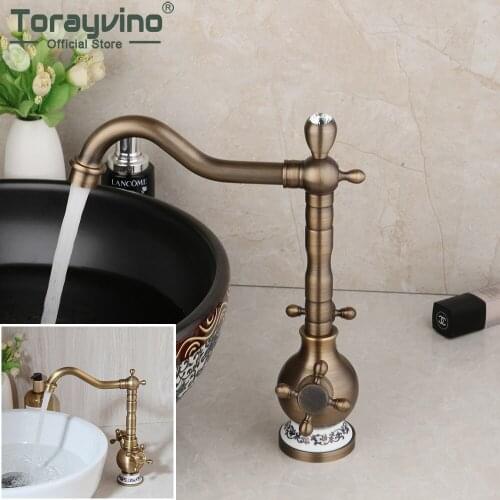 Torayvino Antique Brass Bathroom Faucet Dual Handle Basin Sink Swivel Spout Faucets Washbasin Deck Mount Hot And Cold Water Tap