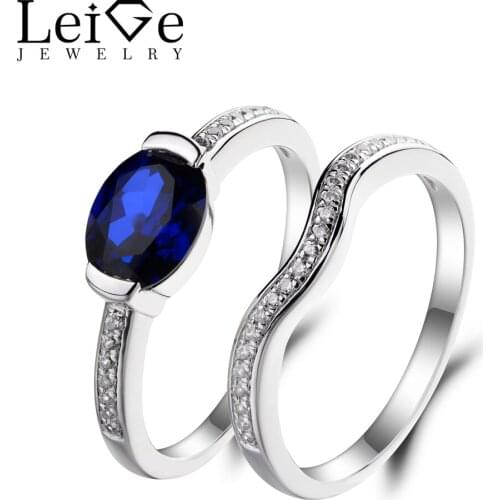 Leige Jewelry Blue Sapphire Ring Anniversary Ring September Birthstone Oval Cut Blue Gemstone 925 Sterling Silver Bridal Sets