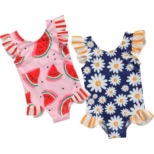 Breathable Little Girls Swimsuit Summer Children Cute Daisy Watermelon Printing Fly Sleeve Lace Childrens Swimwear Beachwear