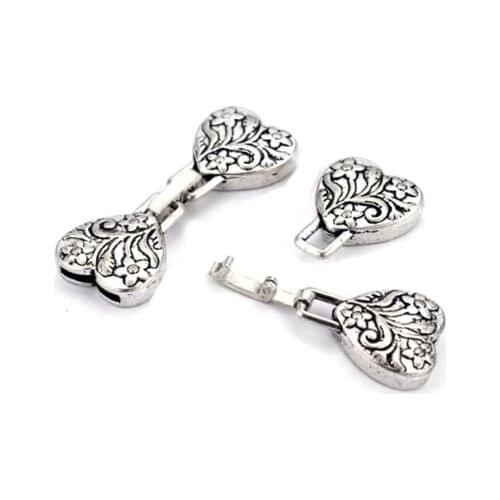 3Sets Antique Silver Color Heart Flower Buckle Hook Clasps For 10mm Flat Leather Bracelet Jewelry Making