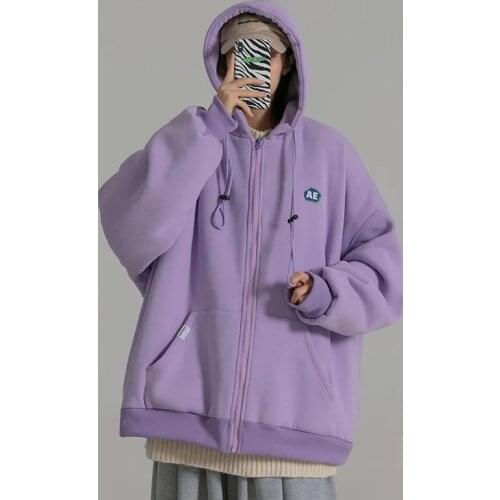 Autumn and winter oversize solid color street Korean loose wild cardigan sweater Y2K hooded jacket bar women plus velvet thick