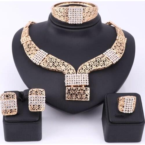 Women African Jewelry Sets Gold Color Crystal Fashion Bridal Wedding Elegant Romantic Wigerian Necklace Jewelry Sets