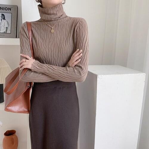 Women Elegant Spring Autumn Basic Turtleneck Texture Slim Sweater Inner Wear Full Sleeve Knitted Pullovers Casual Jumpers