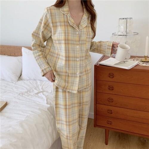 3 color spring autumn 100% cotton pajamas set women sleepwear home clothes 2 piece set plaid homewear shirt pants pijamas Y226