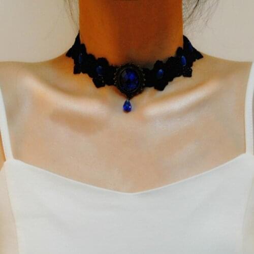Bohemia Lace Gothic Tattoo Choker Necklace Women Vintage Blue Crystal Necklaces Gothic Punk Collar Choker Jewelry