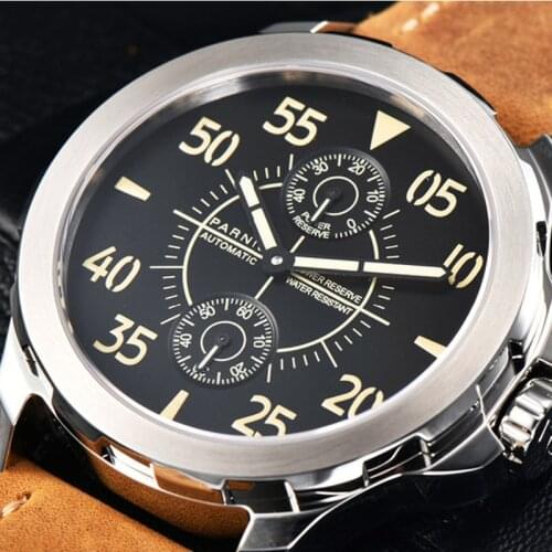 Parnis 44mm Automatic Watch Men Mechanical Wrist Watch Luminous Waterproof Power Reserve Auto Date Leather Strap Mens Watch