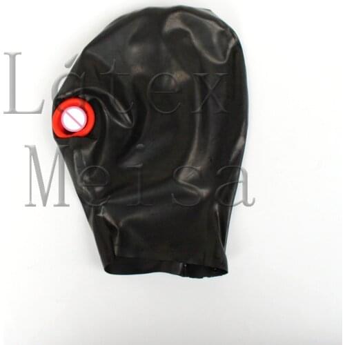 Mouth condom exotic latex hoods open nostrils with back zip in solid black color for adults