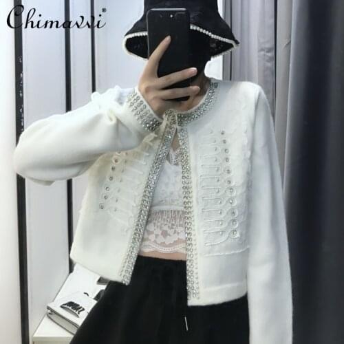 French Elegant Knitted Cardigan Womens 2021 Autumn Exquisite Rhinestone Beaded Lace Embroidered Sweater Coat Fashion Short Tops