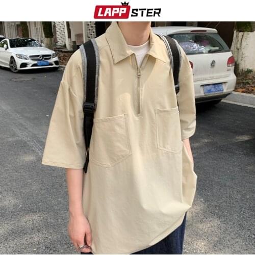 LAPPSTER Men Solid Turn Down Collar Harajuku Causal T-shirts 2021 Summer Mens Streetwear Y2k Loose Tees Male Kpop Vintage Tees
