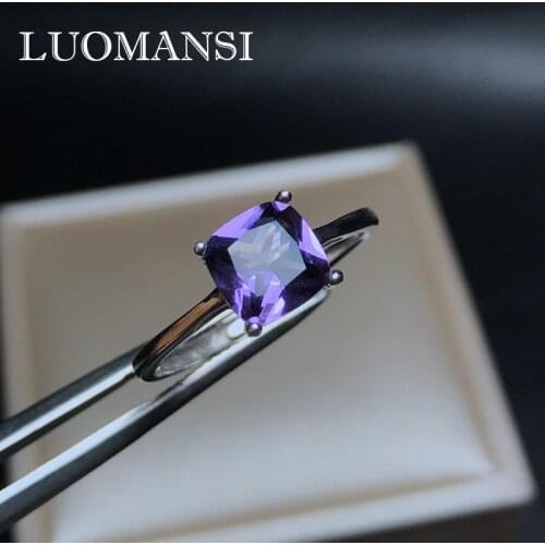 Luomasni Square Natural Amethyst Gemstone Ring Live Mouth Adjustable 100%-925 Sterling Silver Wedding Engagement High Jewelry
