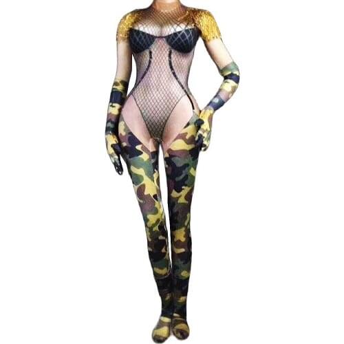 Fashion Sparkly Gold Tassel Long Sleeve Women Jumpsuits Plaid Stretch Pole Dancing Costumes DS Dance Camouflage Uniform