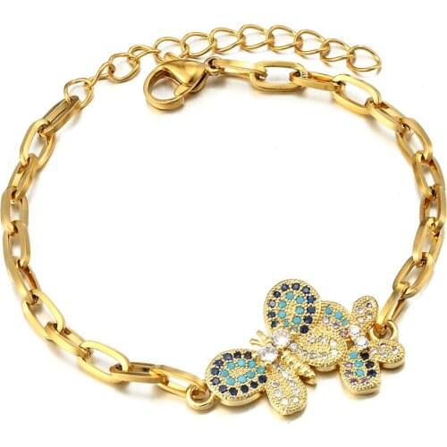 Fashion Butterfly Copper CZ Beads Adjustable Bracelets Lucky Stainless Steel Chain Bracelet Women Party Jewelry Preferred Gift