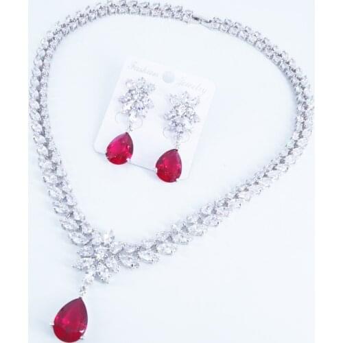 2020 new fashion red blue water drop CZ zircon wedding bride banquet formal dress necklace earring jewelry set free shipping