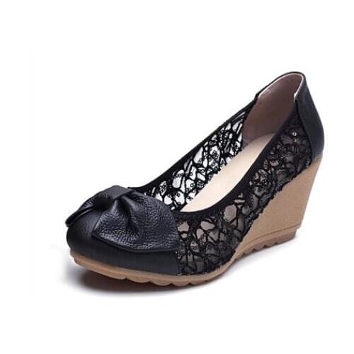 Autumn summer New Fashion High heels Women shoes Pumps Genuine Leather Lace Ivory Ladies Wedge Shoes Sandal