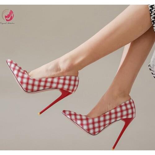 Original Intention Blue Red Grids Elegant Pumps Woman Pointed Toe Stiletto High Heels Concise Office Lady Shoes Plus Size 4-15