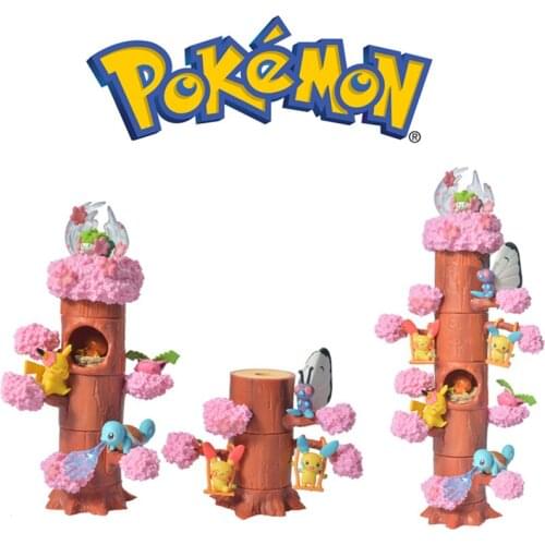 Genuine 6Pcs/Set Pokemon Assemble Tree Stump Cute Elf Cherry Tree Pikachu Movable Doll Decoration Toys Childrens Gift