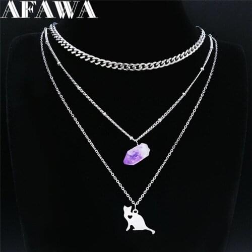 Purple Natural Crystal Stainless Steel Witchcraft Cat 3 Layer Chain Necklace Men/Women Silver Color Jewelry collier femme NXS02