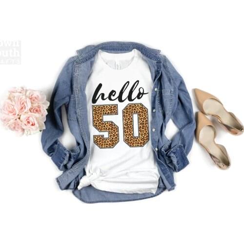 Hello 50 Leopard Print Shirt Hello Fifty Birthday Gift Trip Cheetah Leopard 100%Cotton Clothing O Neck Short Sleeve harajuku y2k