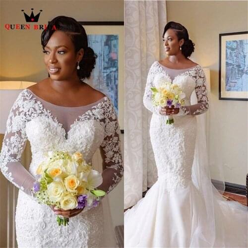 Sexy Wedding Dresses Mermaid Long Sleeve Tulle Lace Crystal Beading Formal Bride Dress Custom Made DE34