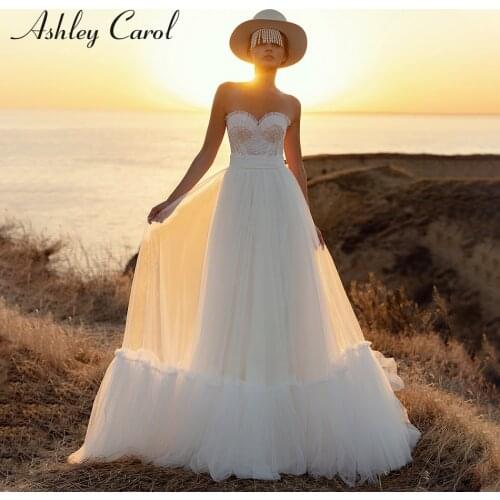 Ashley Carol A-Line Wedding Dress 2021 Charming Sweetheart Beaded Lace Bride Backless Pleat Sleeveless Flowy Beach Bridal Gown