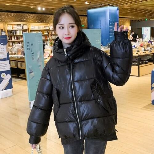 Thick Loose Winter Jacket Women Shiny Hooded Womens Parkas Short Style Stand Collar Solid Cotton Padded Casual Puffer Coat
