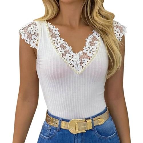 Women V Neck Lace Tops Sleeveless T Shirt Solid Color Casual Beaded Decor Slim Fit Female Summer Camisetas De Mujer Crop Top2021