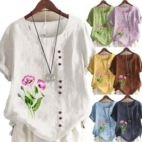 Womens Linen Shirt Round Collar Flowers Printed T-shirt Short Sleeve Casual Shirt Ladies Plus Size Looes Tops & Blouses