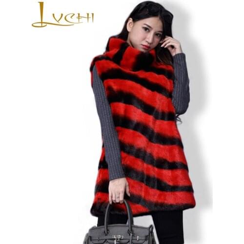 LVCHI Genuine Fur Womens Real Fur Tank Coats Women Red Line Striped Fur Leather Mandarin Collar Sleeveless 2019 Mink Coat