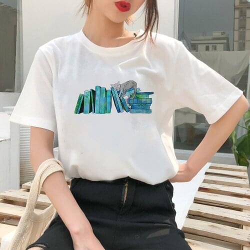 Book and Grey Cat Printed Womens Soft girl O-Neck White Hipster Shirts Women ​Urbano Wholesale Tee Shirts Comfy White T Shirt