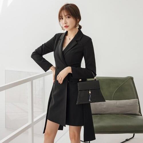 YIGELILA Autumn New Arrivals Black Dress Turn Down Collar With Pokets Short Office Lady Double-breasted Dress 65277