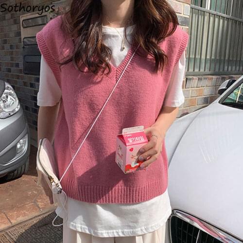 Vest Women Spring Colorful Korean-style Baggy V-neck Sleeveless Knitted Sweater All-match Solid Simple Students Leisure Trendy