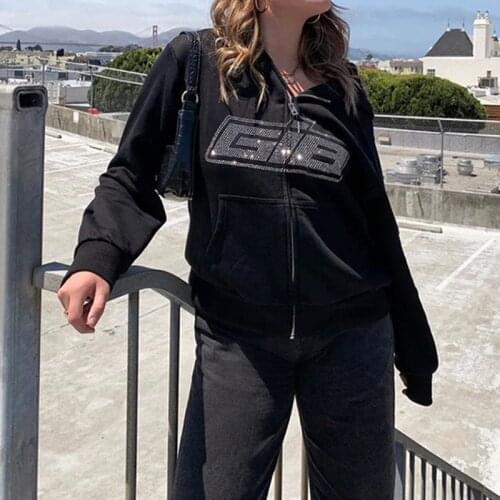 2021 Fashion Y2K Harajuku Hoodies Women Long Sleeve Loose Letter Rhinestone Hooded Sweatshirt Autumn Winter Sport Casual Jacket