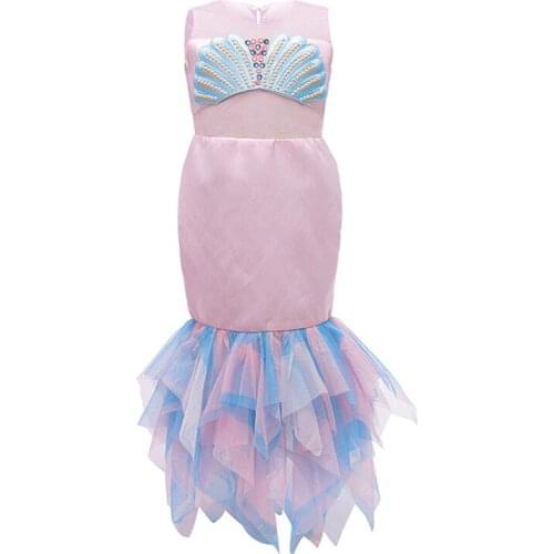 2021 New Dresses Summer Girl Mermaid Pink Pearl Childrens Round Neck Sleeveless Lace Princess Dress Pink Blue 3-10 Years Old