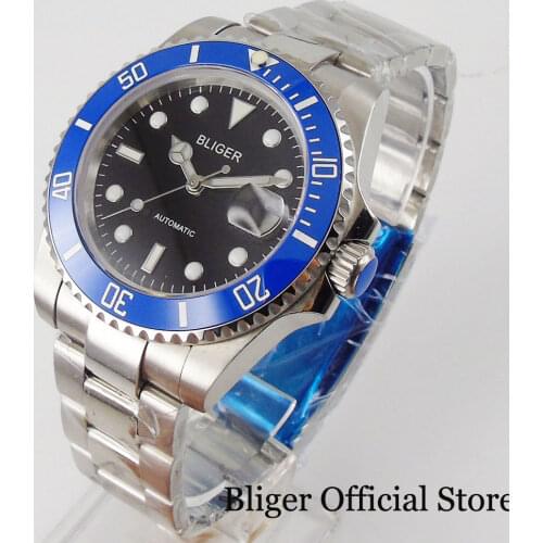 BLIGER SUB 24 Jewels NH35A Movement Middle Polished Oyster Strap Blue Insert Sapphire Glass Screw Crown Glid Lock Buckle