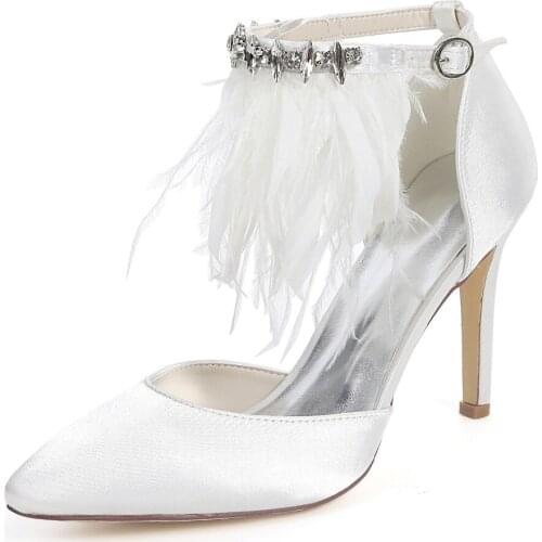 Creativesugar pointed toe D'orsay lady sation evening dress shoes with feather ankle strap sexy party wedding bridal heel pumps