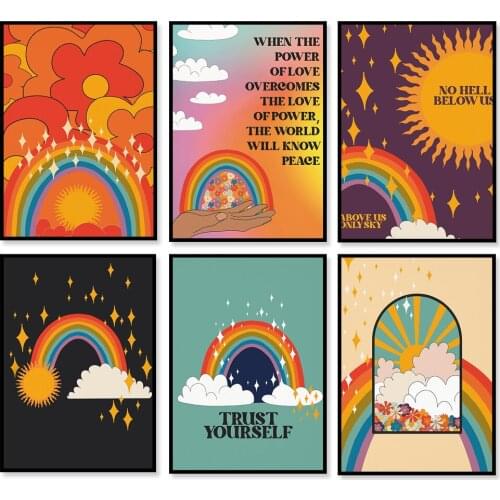 Flower Power, Trust yourself 70s Floral Pattern Print, Vintage Gradient Rainbow Poster, Wall Art, Retro Home Decor, Hippie